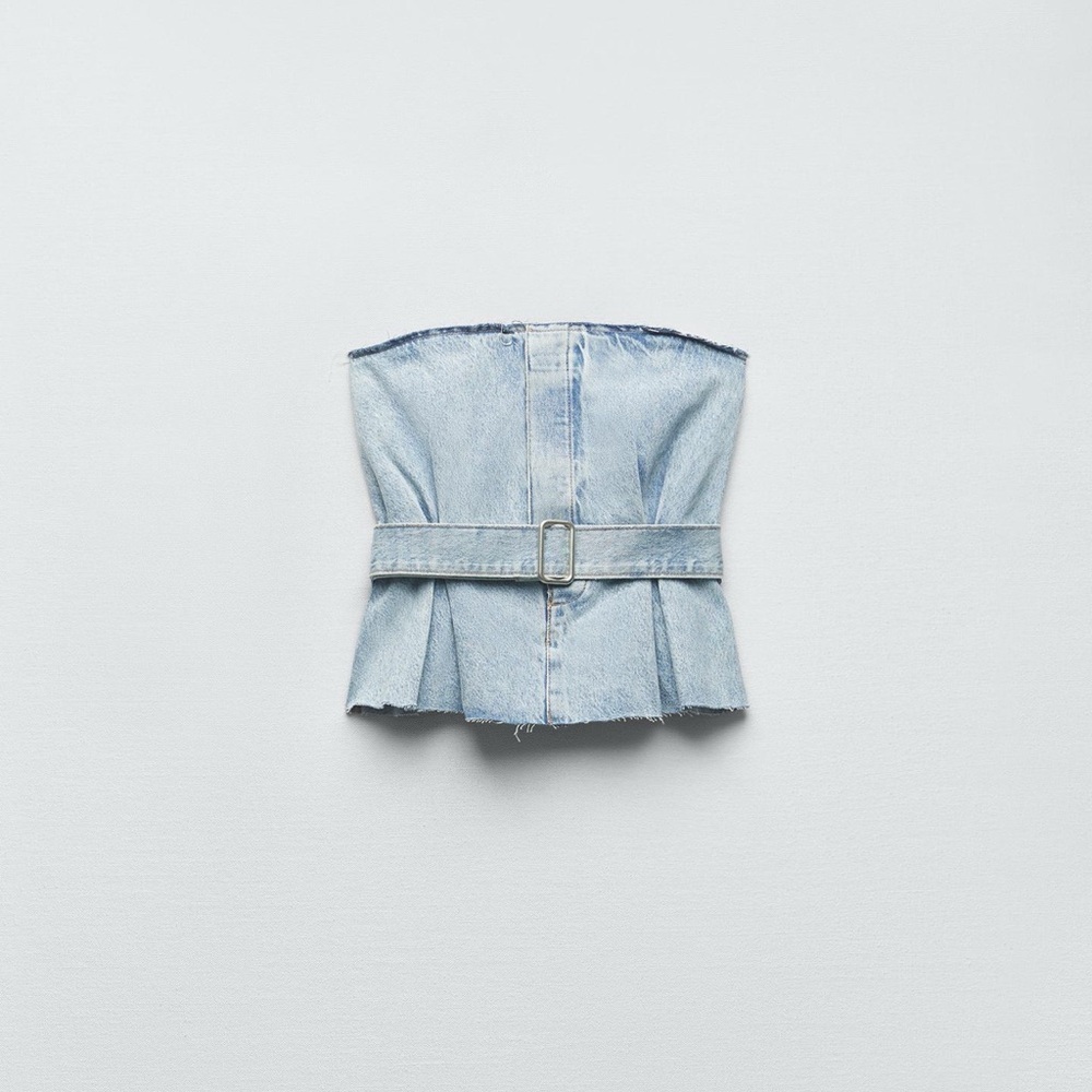 Zara denim jeans belted corset strapless top xs